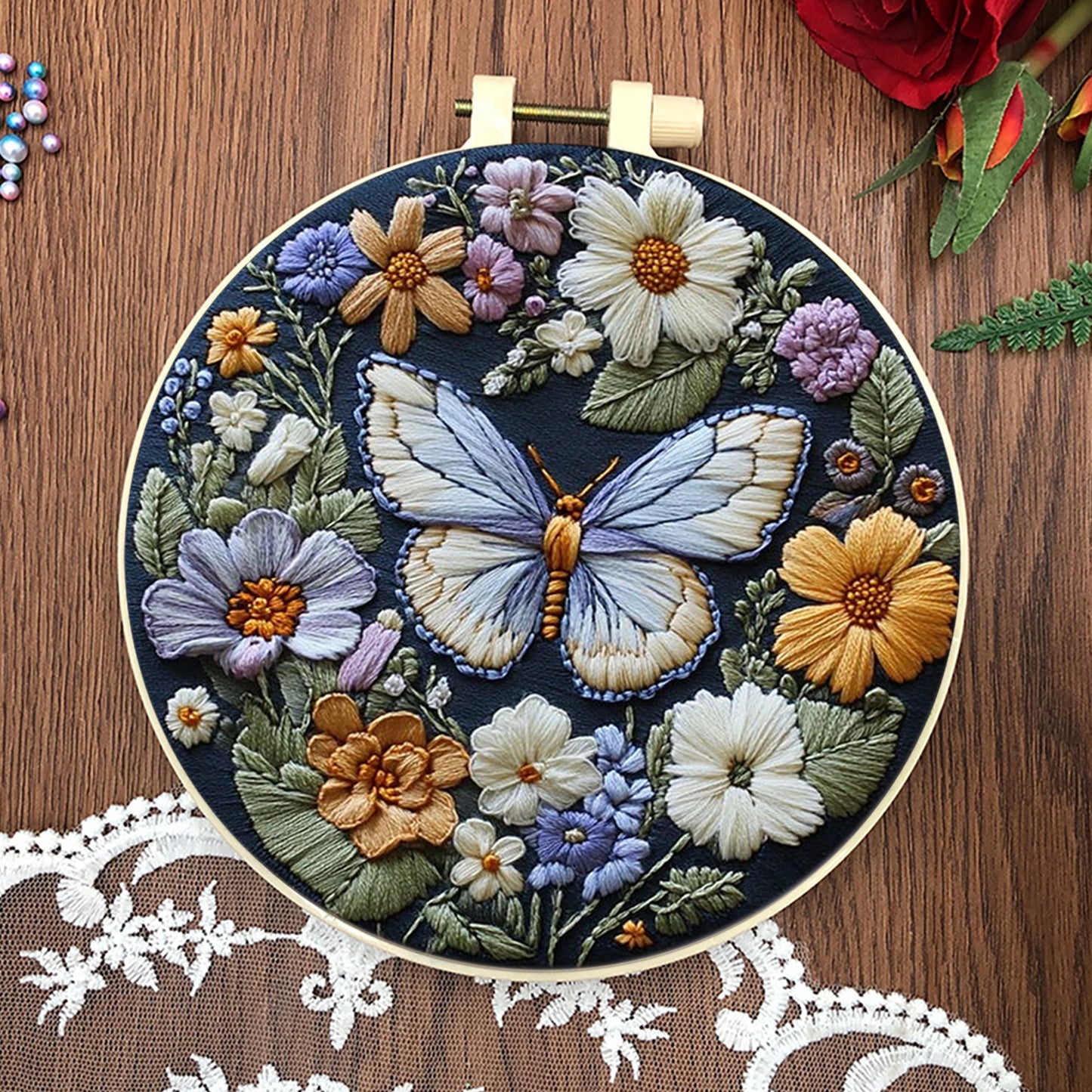 4PCS Butterfly - DIY Embroidery Cross Stitch Kit with Pattern Cotton Threads Needles Hoop 25x25CM/9.84x9.84in