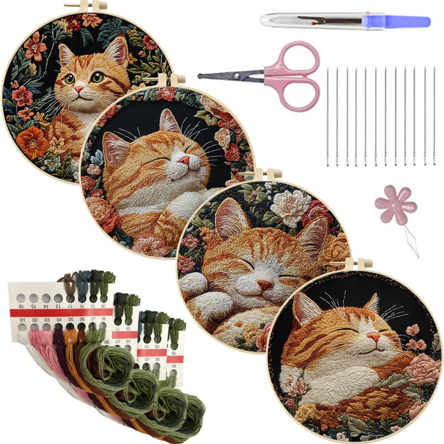 4PCS Cat - DIY Embroidery Cross Stitch Kit with Pattern Cotton Threads Needles Hoop 25x25CM/9.84x9.84in