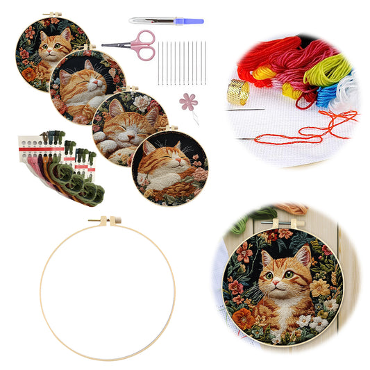 4PCS Cat - DIY Embroidery Cross Stitch Kit with Pattern Cotton Threads Needles Hoop 25x25CM/9.84x9.84in
