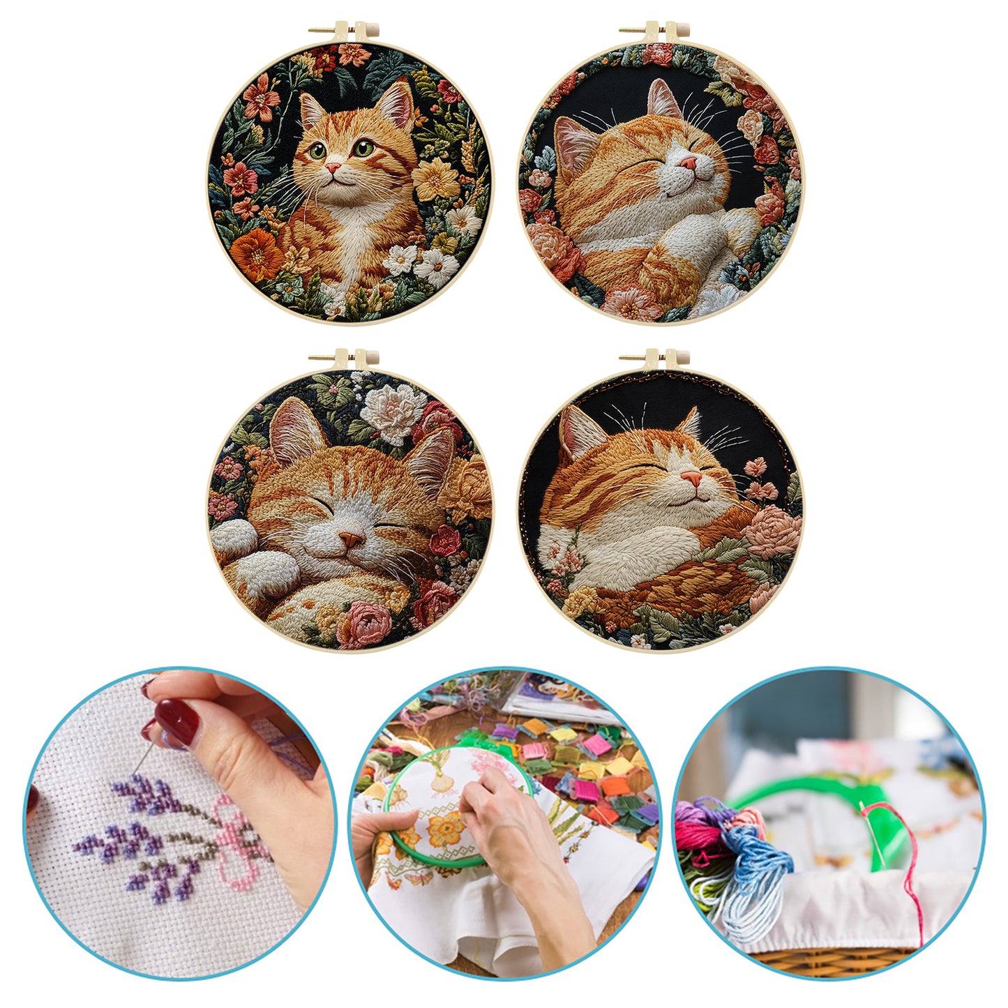 4PCS Cat - DIY Embroidery Cross Stitch Kit with Pattern Cotton Threads Needles Hoop 25x25CM/9.84x9.84in