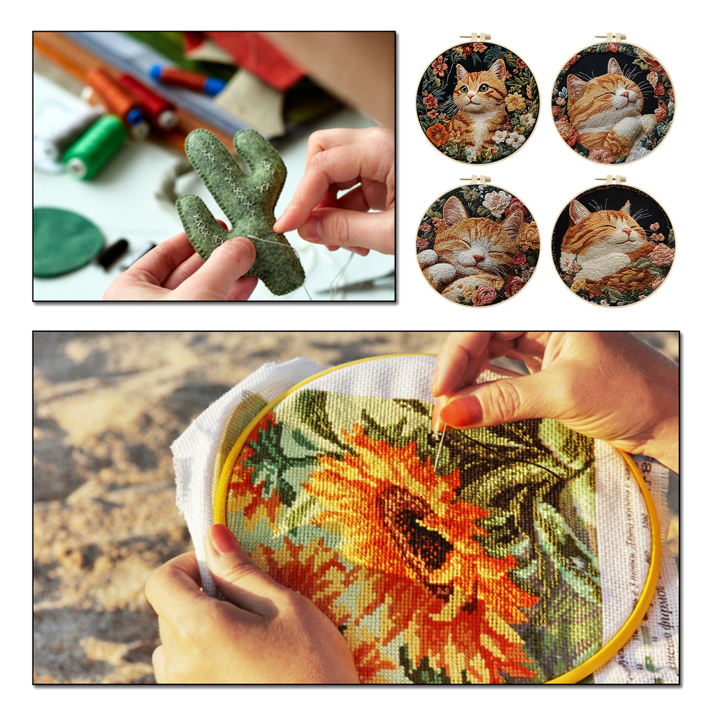 4PCS Cat - DIY Embroidery Cross Stitch Kit with Pattern Cotton Threads Needles Hoop 25x25CM/9.84x9.84in