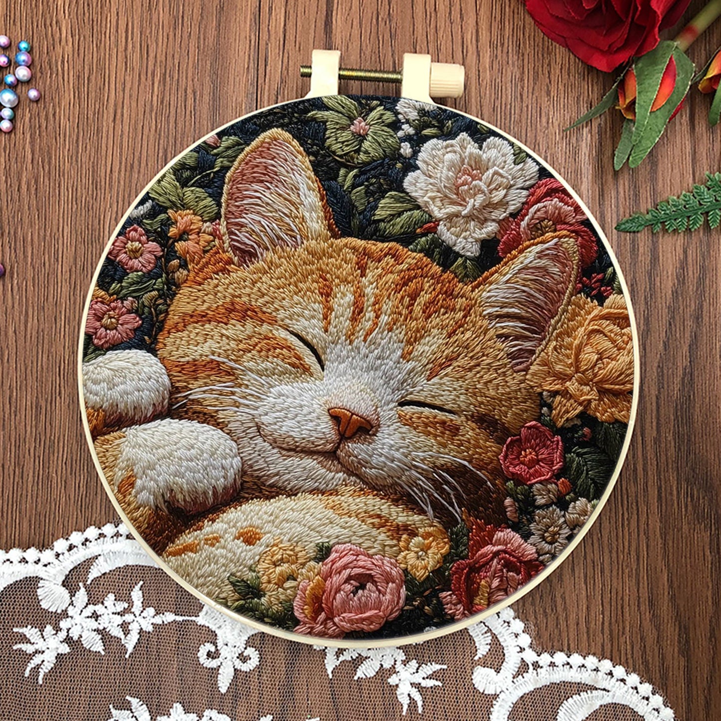 4PCS Cat - DIY Embroidery Cross Stitch Kit with Pattern Cotton Threads Needles Hoop 25x25CM/9.84x9.84in