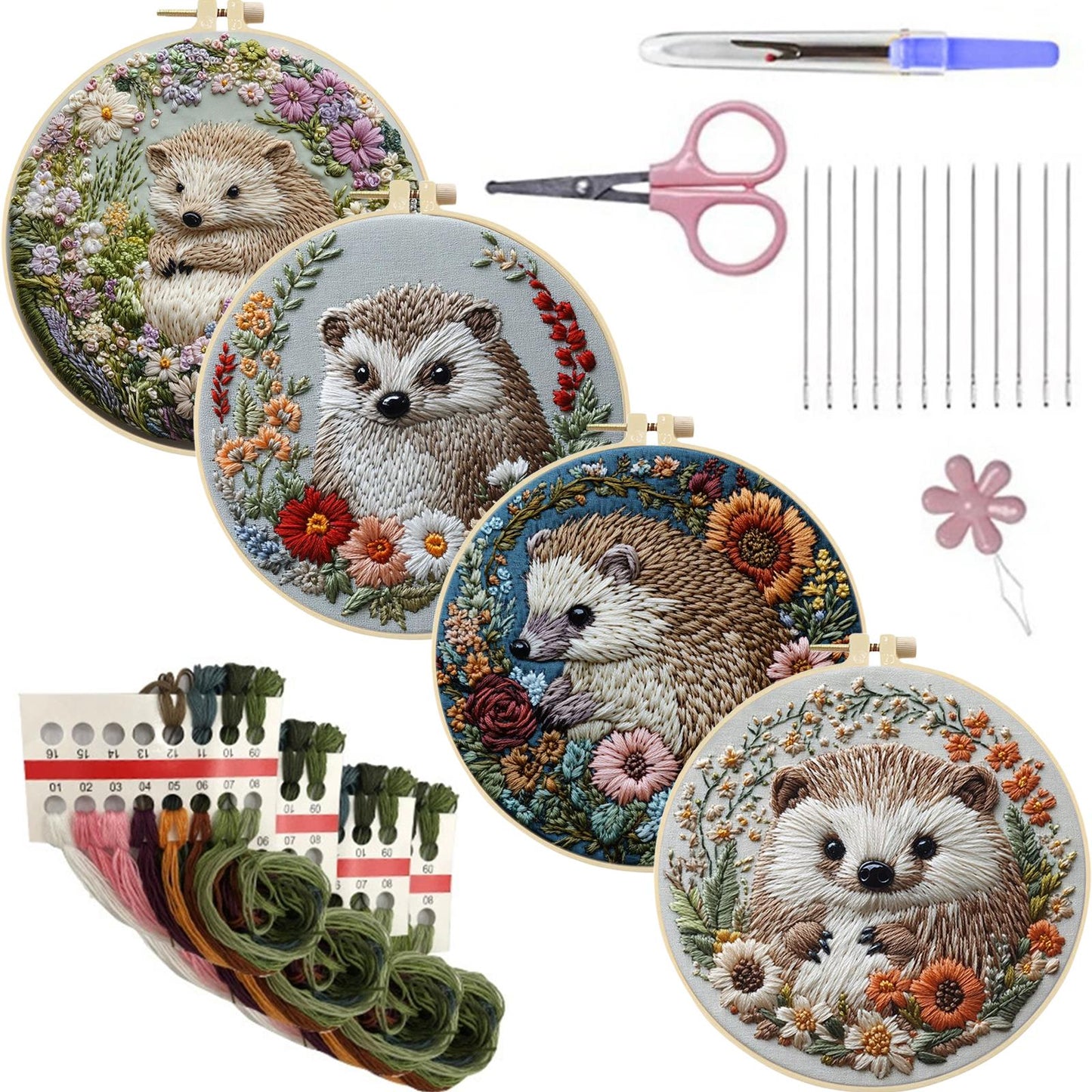 4PCS Peeking Around - DIY Embroidery Cross Stitch Kit with Pattern Cotton Threads Needles Hoop 25x25CM/9.84x9.84in