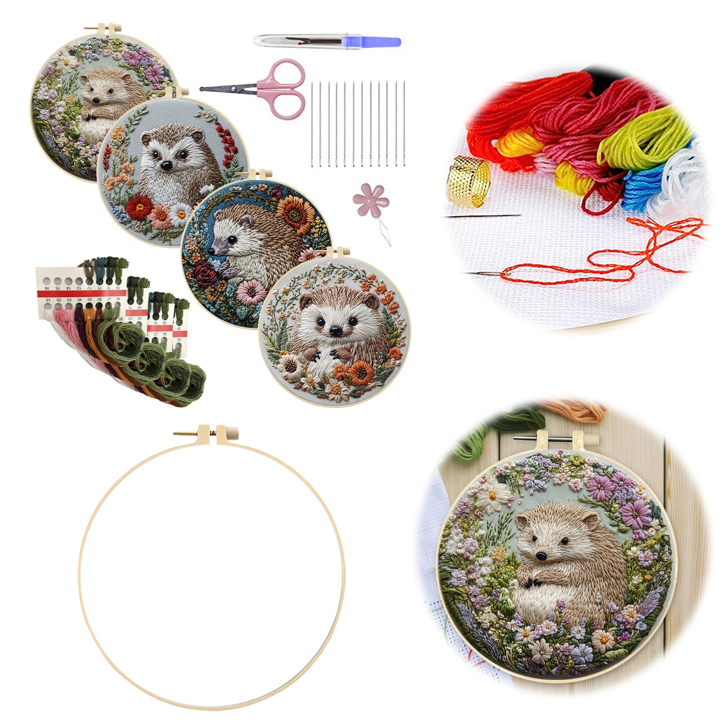 4PCS Peeking Around - DIY Embroidery Cross Stitch Kit with Pattern Cotton Threads Needles Hoop 25x25CM/9.84x9.84in