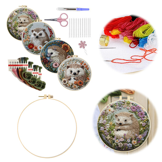 4PCS Peeking Around - DIY Embroidery Cross Stitch Kit with Pattern Cotton Threads Needles Hoop 25x25CM/9.84x9.84in