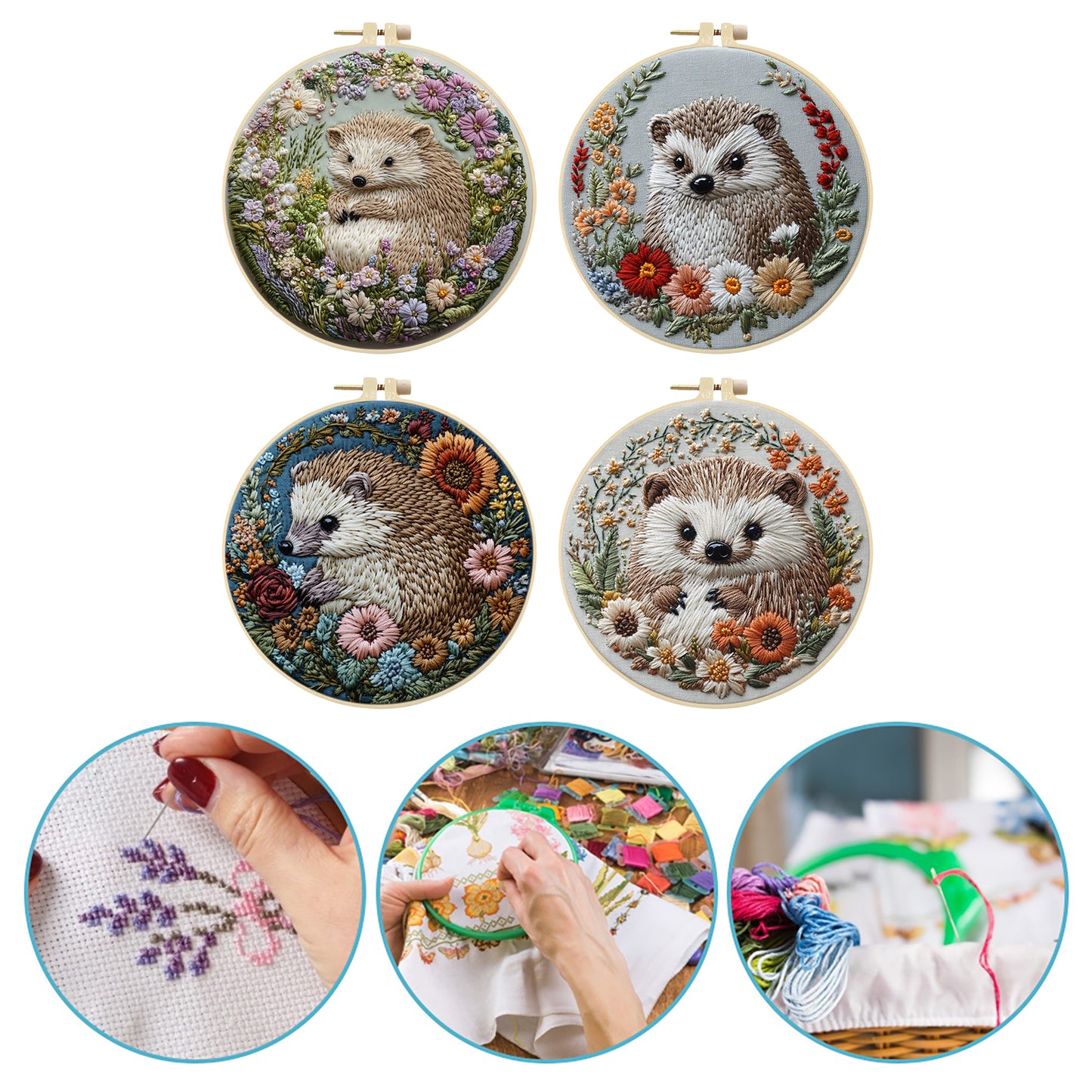 4PCS Peeking Around - DIY Embroidery Cross Stitch Kit with Pattern Cotton Threads Needles Hoop 25x25CM/9.84x9.84in