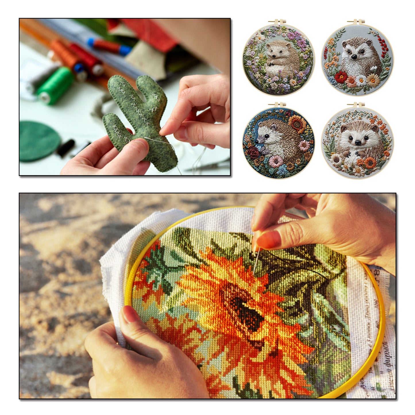 4PCS Peeking Around - DIY Embroidery Cross Stitch Kit with Pattern Cotton Threads Needles Hoop 25x25CM/9.84x9.84in