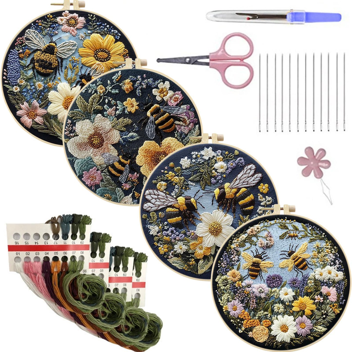 4PCS Attracting Bees & Butterflies - DIY Embroidery Cross Stitch Kit with Pattern Cotton Threads Needles Hoop 25x25CM/9.84x9.84in