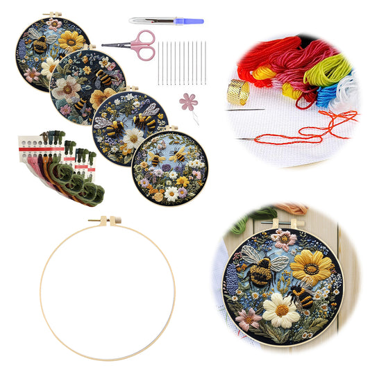 4PCS Attracting Bees & Butterflies - DIY Embroidery Cross Stitch Kit with Pattern Cotton Threads Needles Hoop 25x25CM/9.84x9.84in