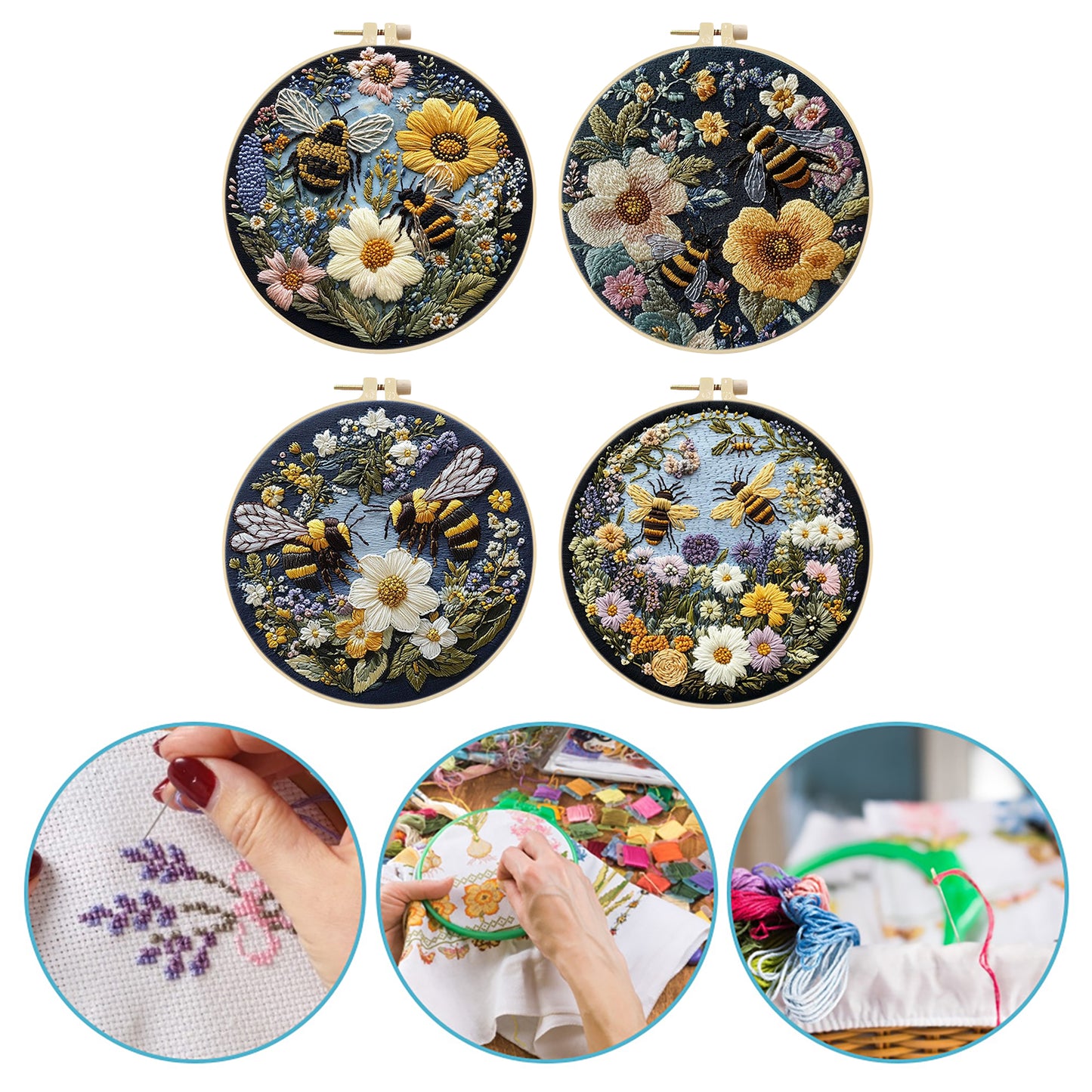 4PCS Attracting Bees & Butterflies - DIY Embroidery Cross Stitch Kit with Pattern Cotton Threads Needles Hoop 25x25CM/9.84x9.84in