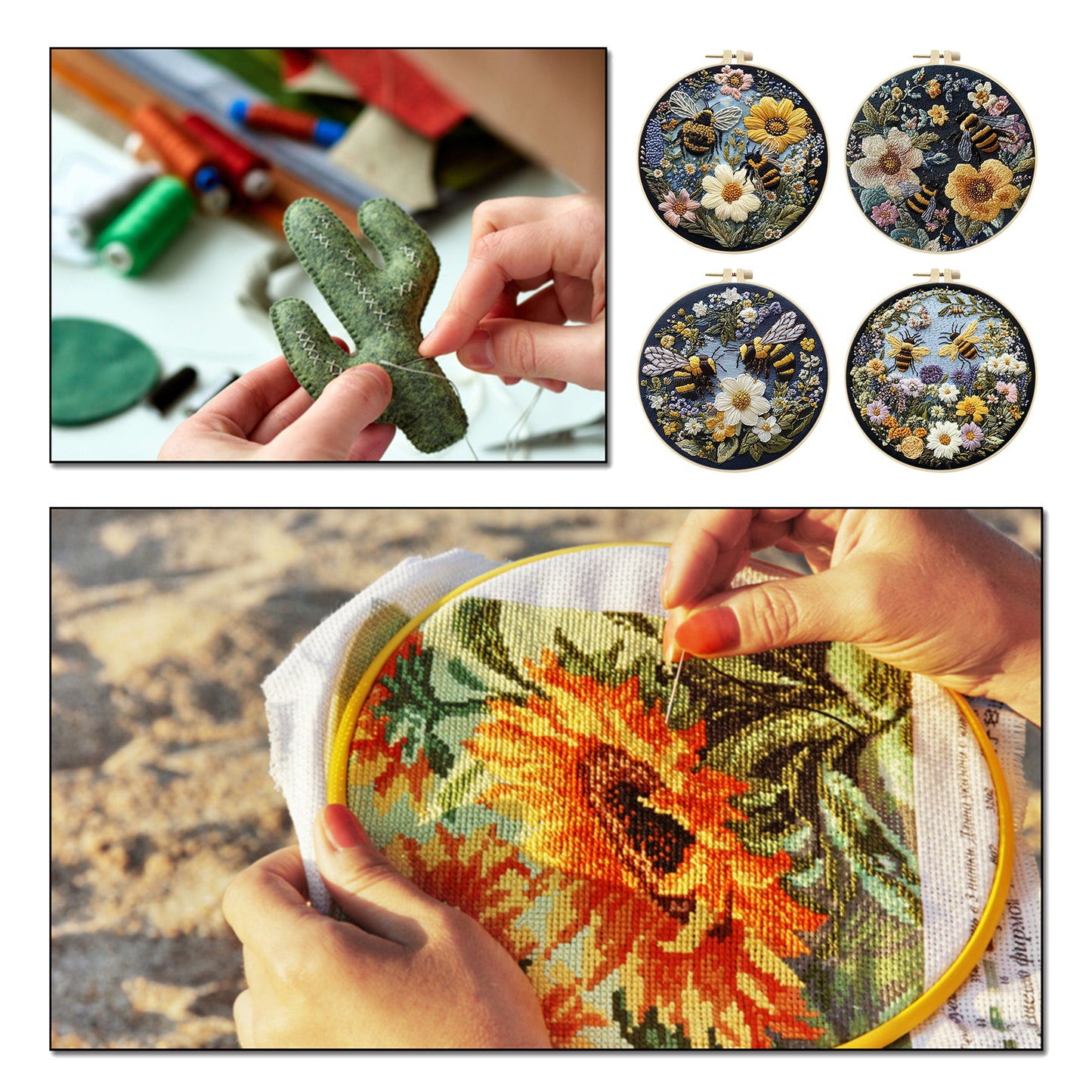4PCS Attracting Bees & Butterflies - DIY Embroidery Cross Stitch Kit with Pattern Cotton Threads Needles Hoop 25x25CM/9.84x9.84in