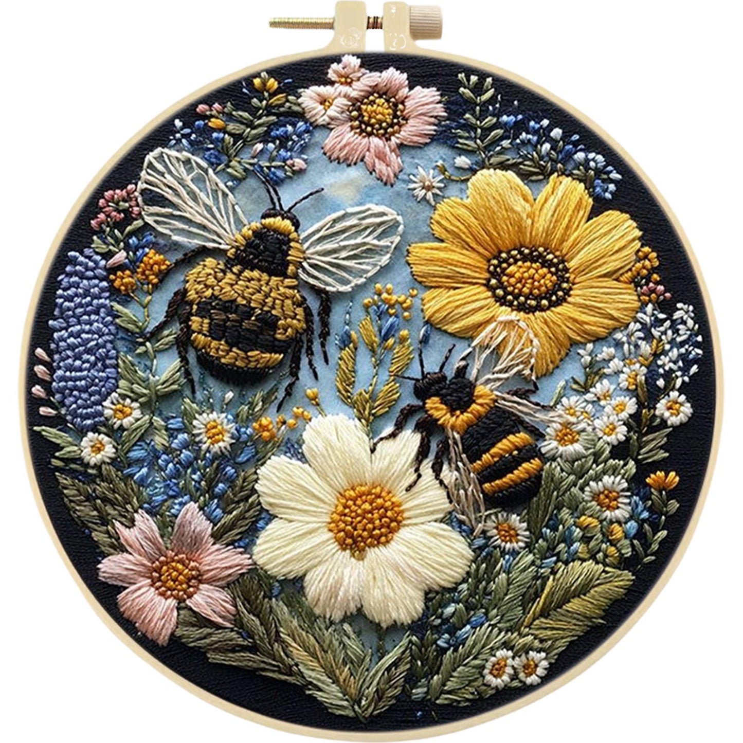 4PCS Attracting Bees & Butterflies - DIY Embroidery Cross Stitch Kit with Pattern Cotton Threads Needles Hoop 25x25CM/9.84x9.84in