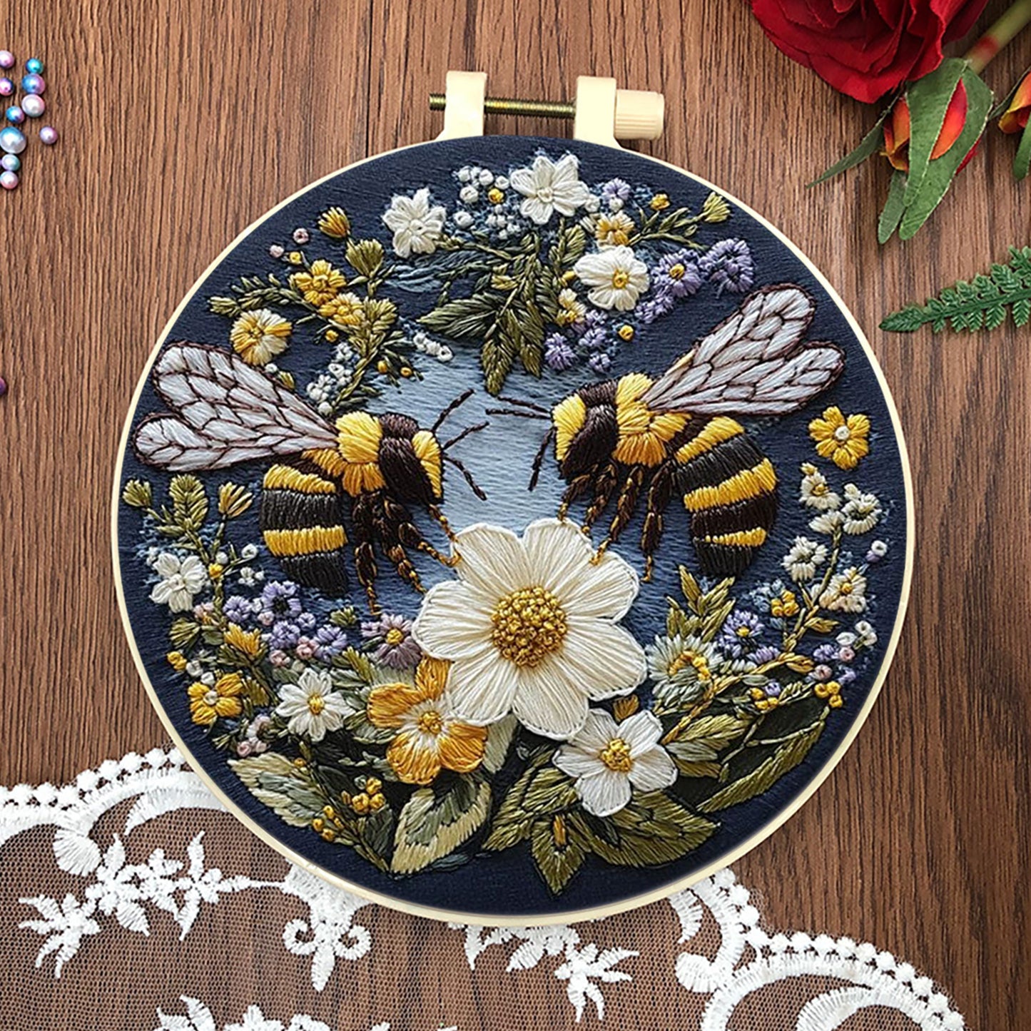 4PCS Attracting Bees & Butterflies - DIY Embroidery Cross Stitch Kit with Pattern Cotton Threads Needles Hoop 25x25CM/9.84x9.84in