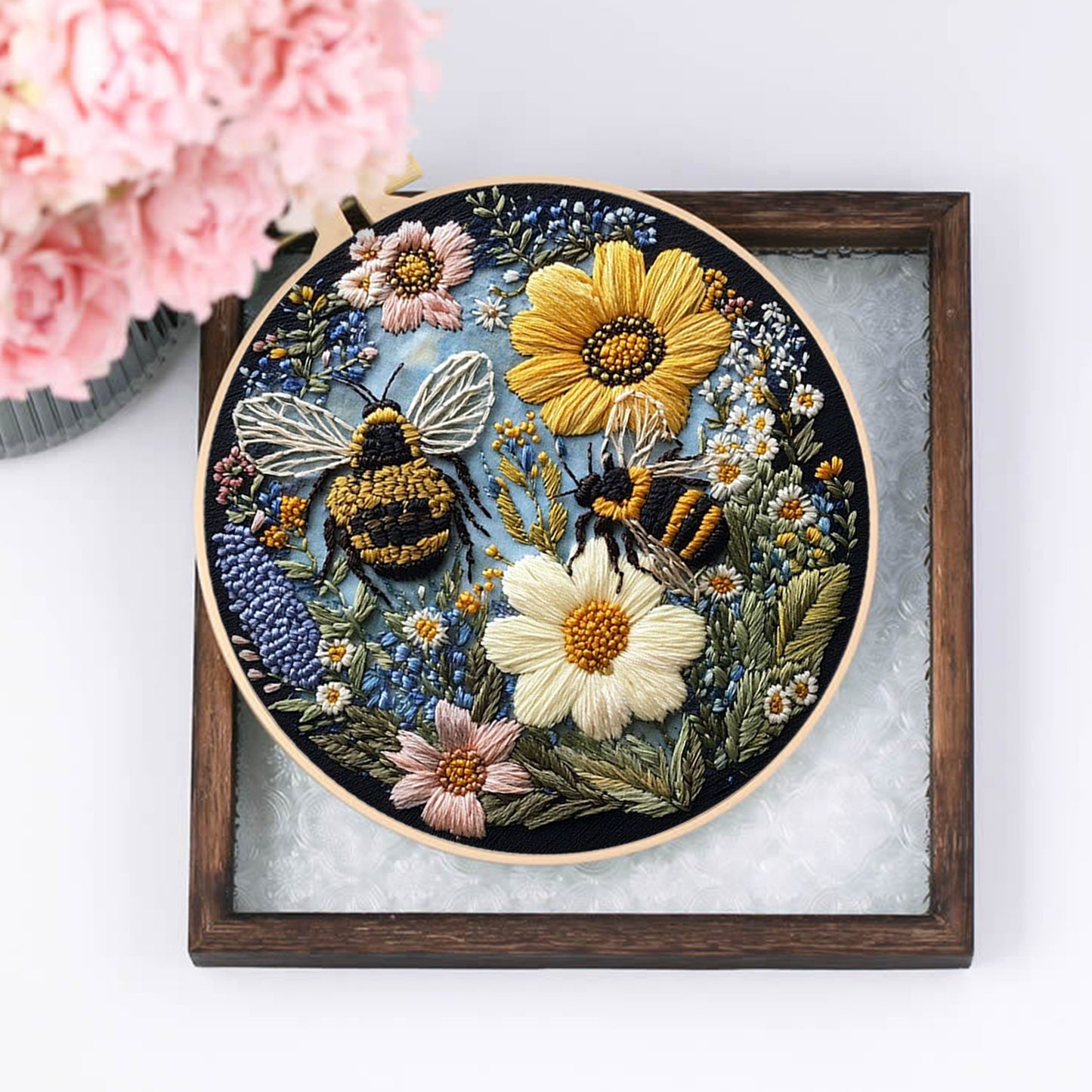 4PCS Attracting Bees & Butterflies - DIY Embroidery Cross Stitch Kit with Pattern Cotton Threads Needles Hoop 25x25CM/9.84x9.84in