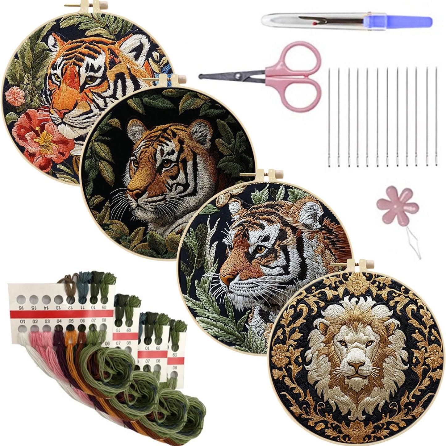 4PCS Tiger - DIY Embroidery Cross Stitch Kit with Pattern Cotton Threads Needles Hoop 25x25CM/9.84x9.84in