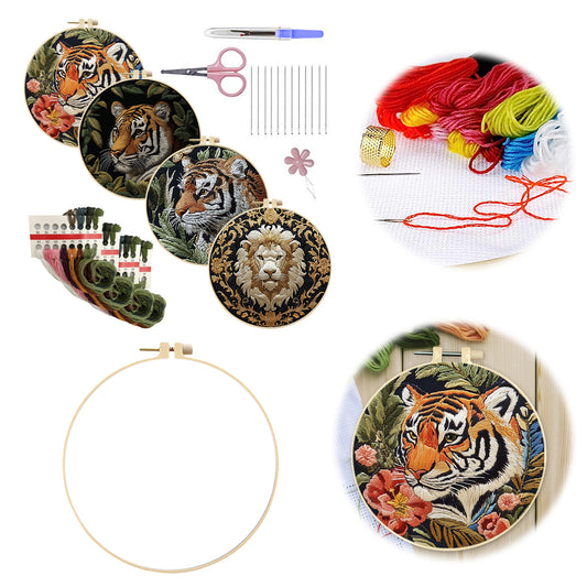 4PCS Tiger - DIY Embroidery Cross Stitch Kit with Pattern Cotton Threads Needles Hoop 25x25CM/9.84x9.84in