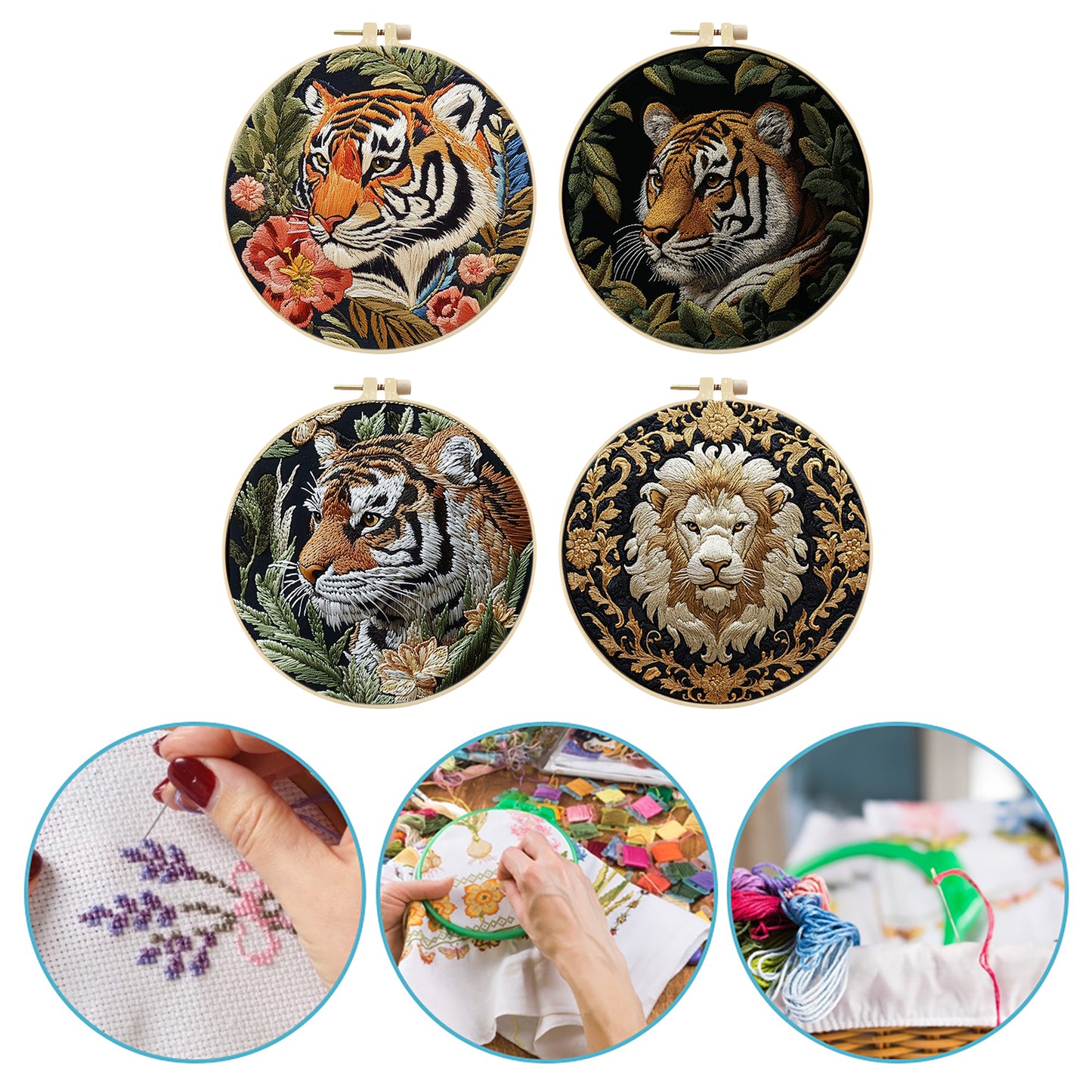 4PCS Tiger - DIY Embroidery Cross Stitch Kit with Pattern Cotton Threads Needles Hoop 25x25CM/9.84x9.84in