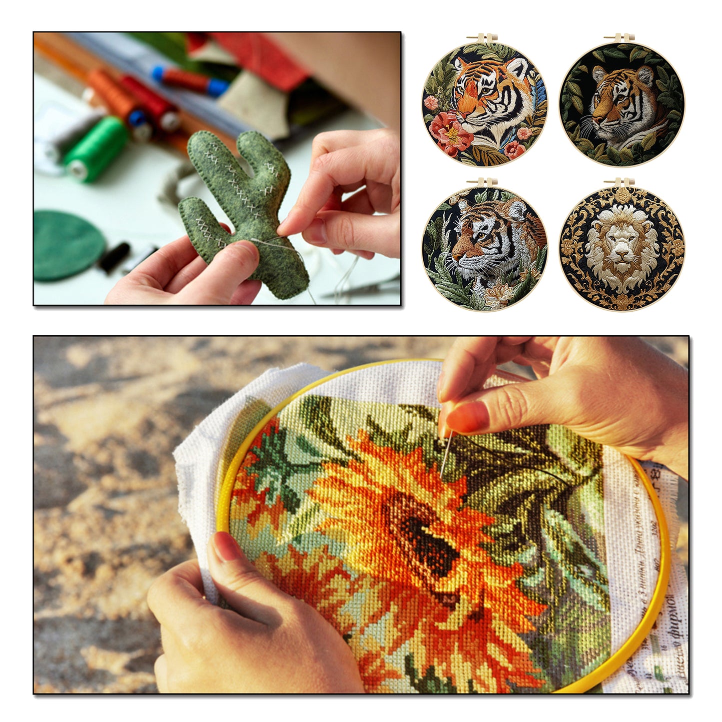 4PCS Tiger - DIY Embroidery Cross Stitch Kit with Pattern Cotton Threads Needles Hoop 25x25CM/9.84x9.84in