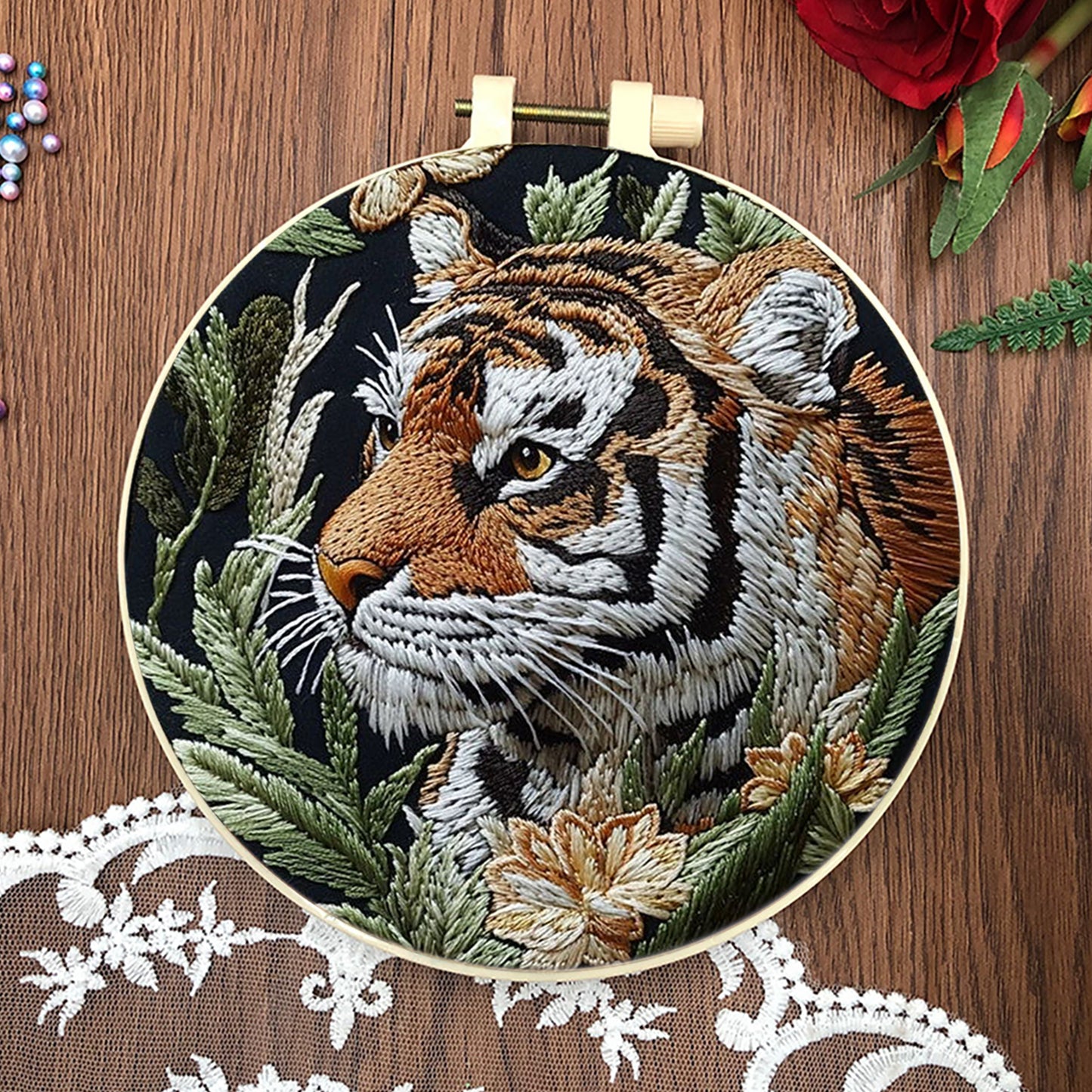 4PCS Tiger - DIY Embroidery Cross Stitch Kit with Pattern Cotton Threads Needles Hoop 25x25CM/9.84x9.84in