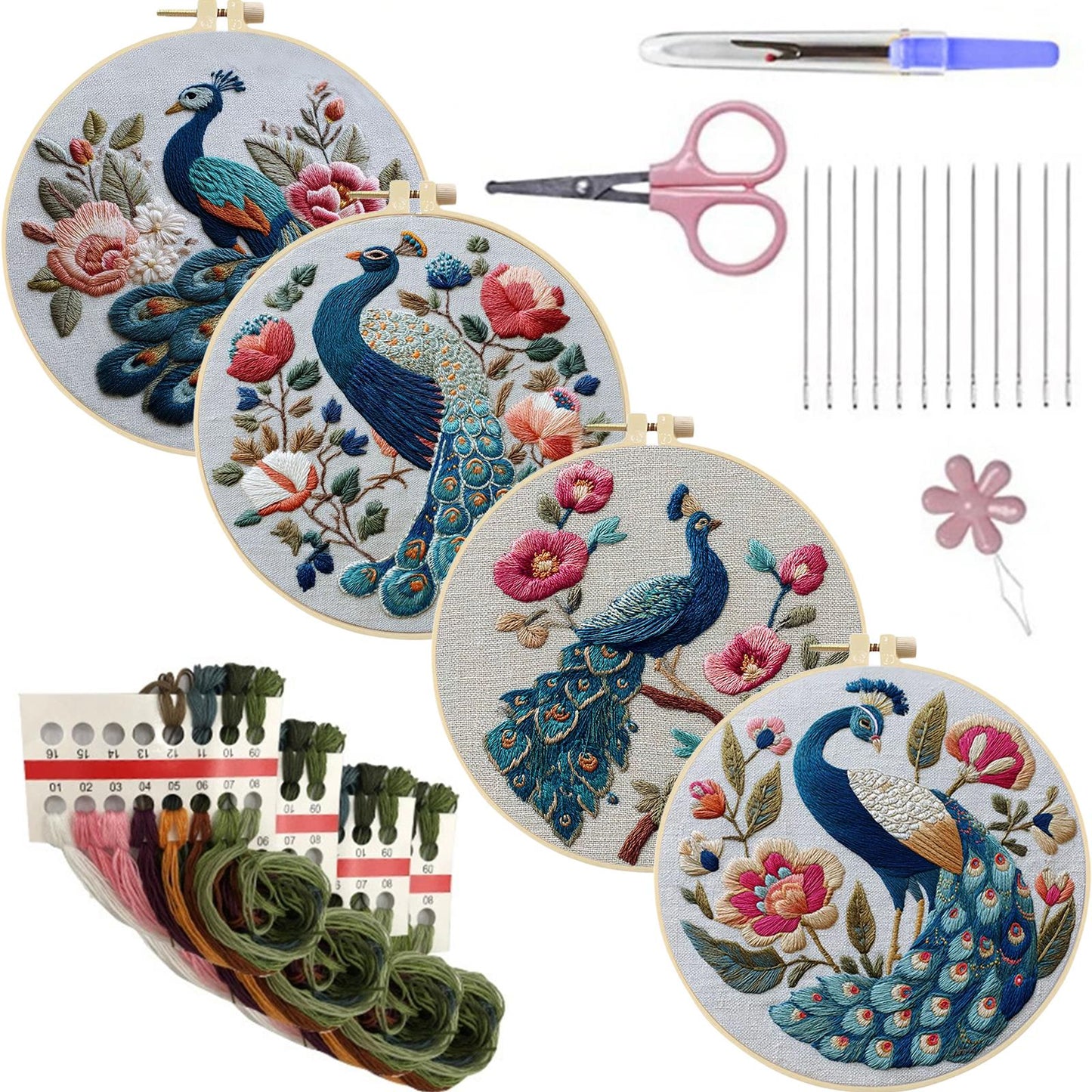 4PCS Peerless Elegance - DIY Embroidery Cross Stitch Kit with Pattern Cotton Threads Needles Hoop 25x25CM/9.84x9.84in