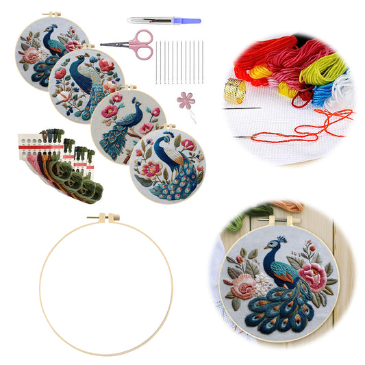 4PCS Peerless Elegance - DIY Embroidery Cross Stitch Kit with Pattern Cotton Threads Needles Hoop 25x25CM/9.84x9.84in