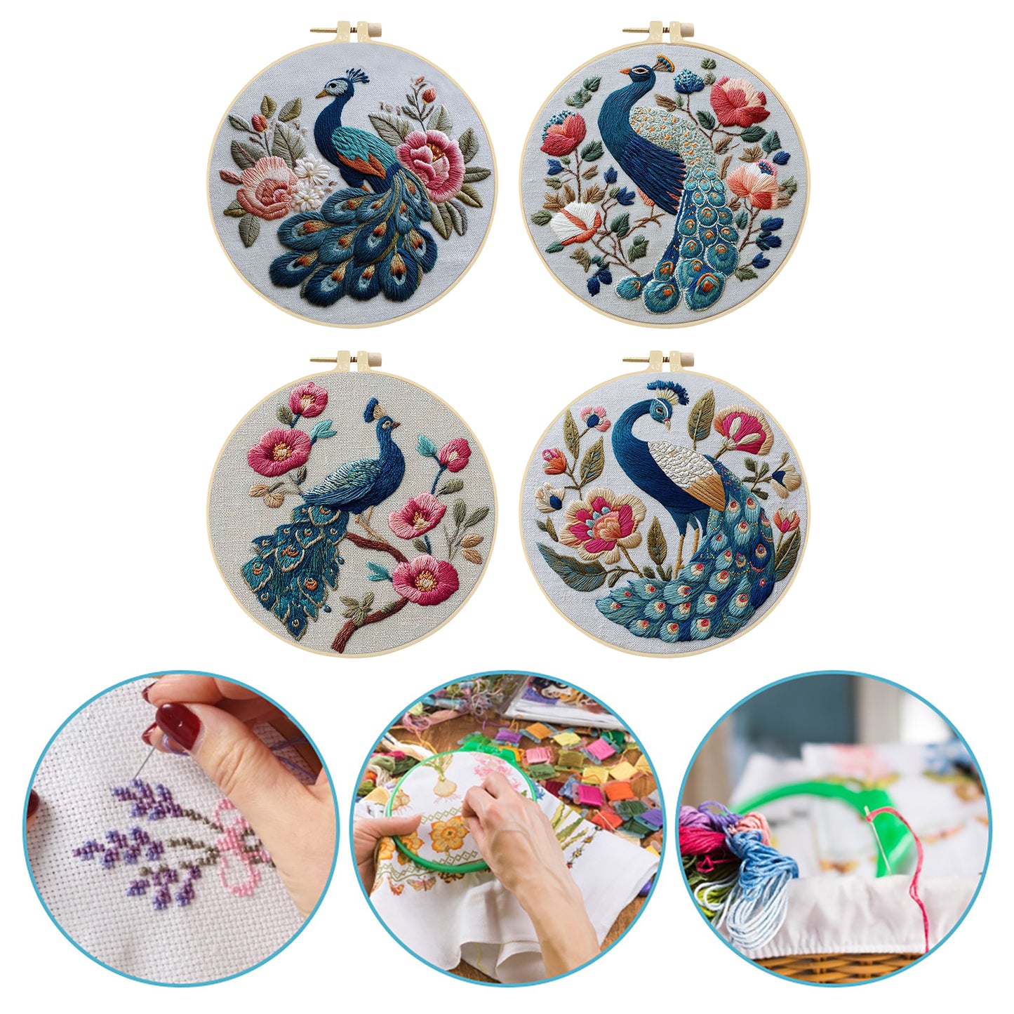 4PCS Peerless Elegance - DIY Embroidery Cross Stitch Kit with Pattern Cotton Threads Needles Hoop 25x25CM/9.84x9.84in
