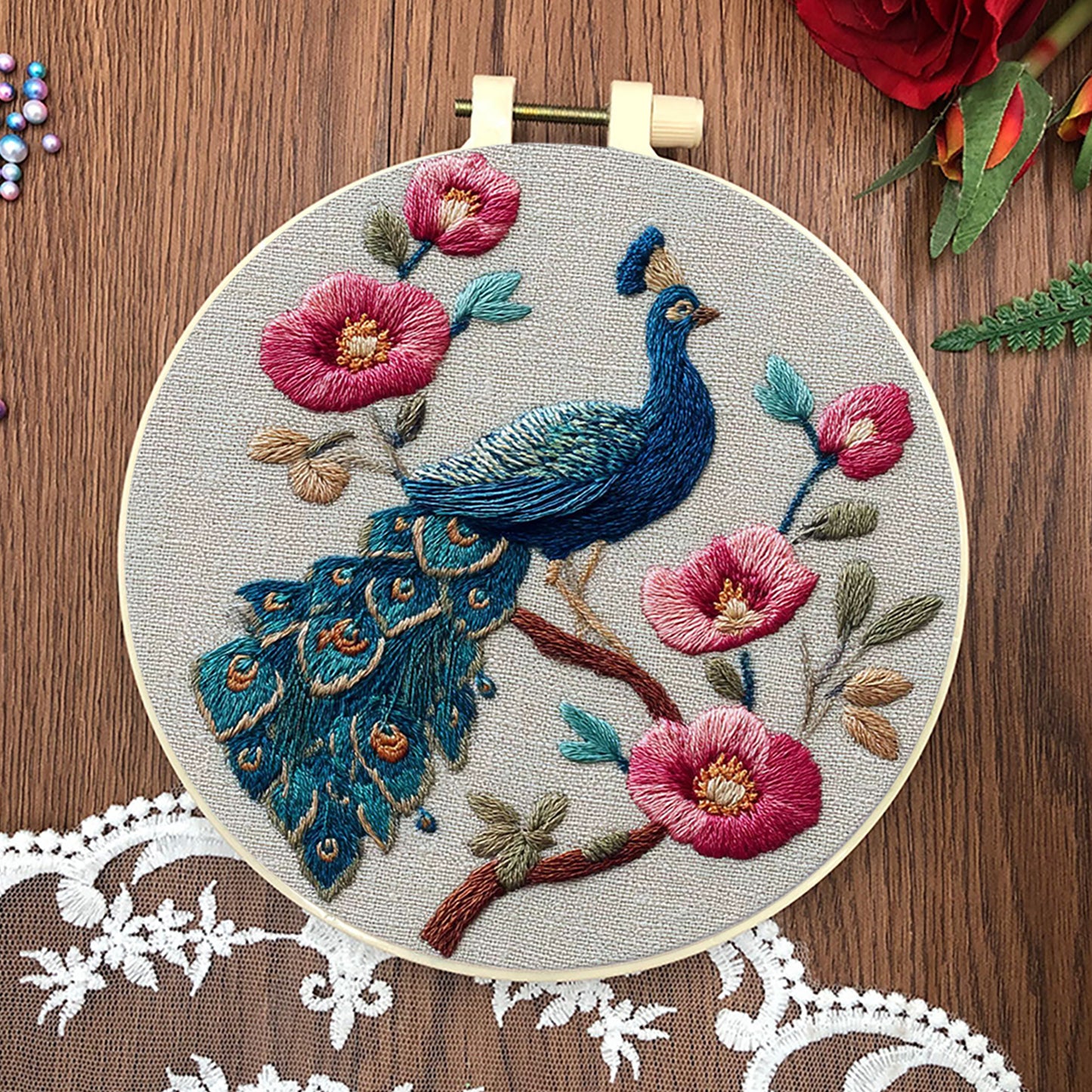 4PCS Peerless Elegance - DIY Embroidery Cross Stitch Kit with Pattern Cotton Threads Needles Hoop 25x25CM/9.84x9.84in