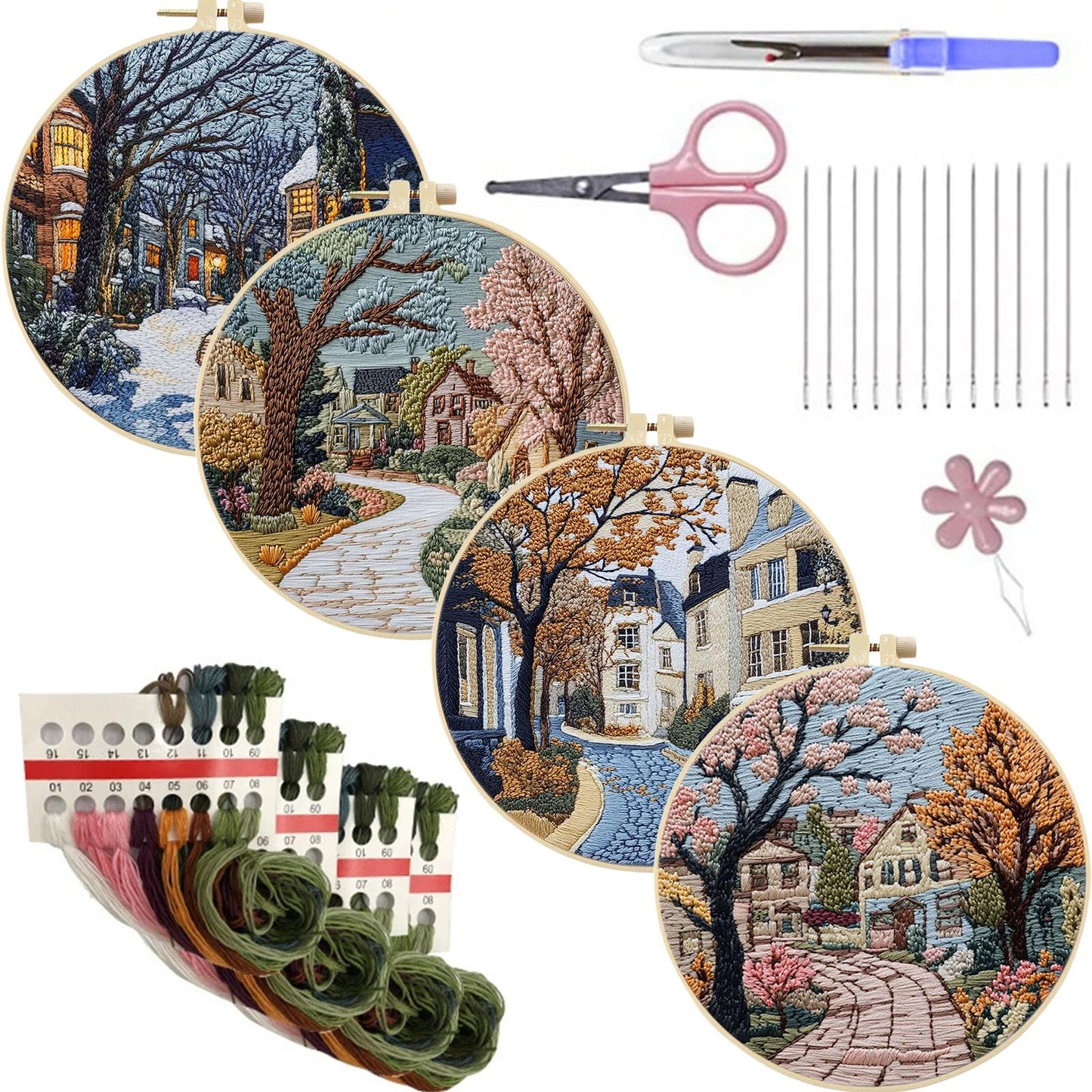4PCS Four Seasons - DIY Embroidery Cross Stitch Kit with Pattern Cotton Threads Needles Hoop 25x25CM/9.84x9.84in
