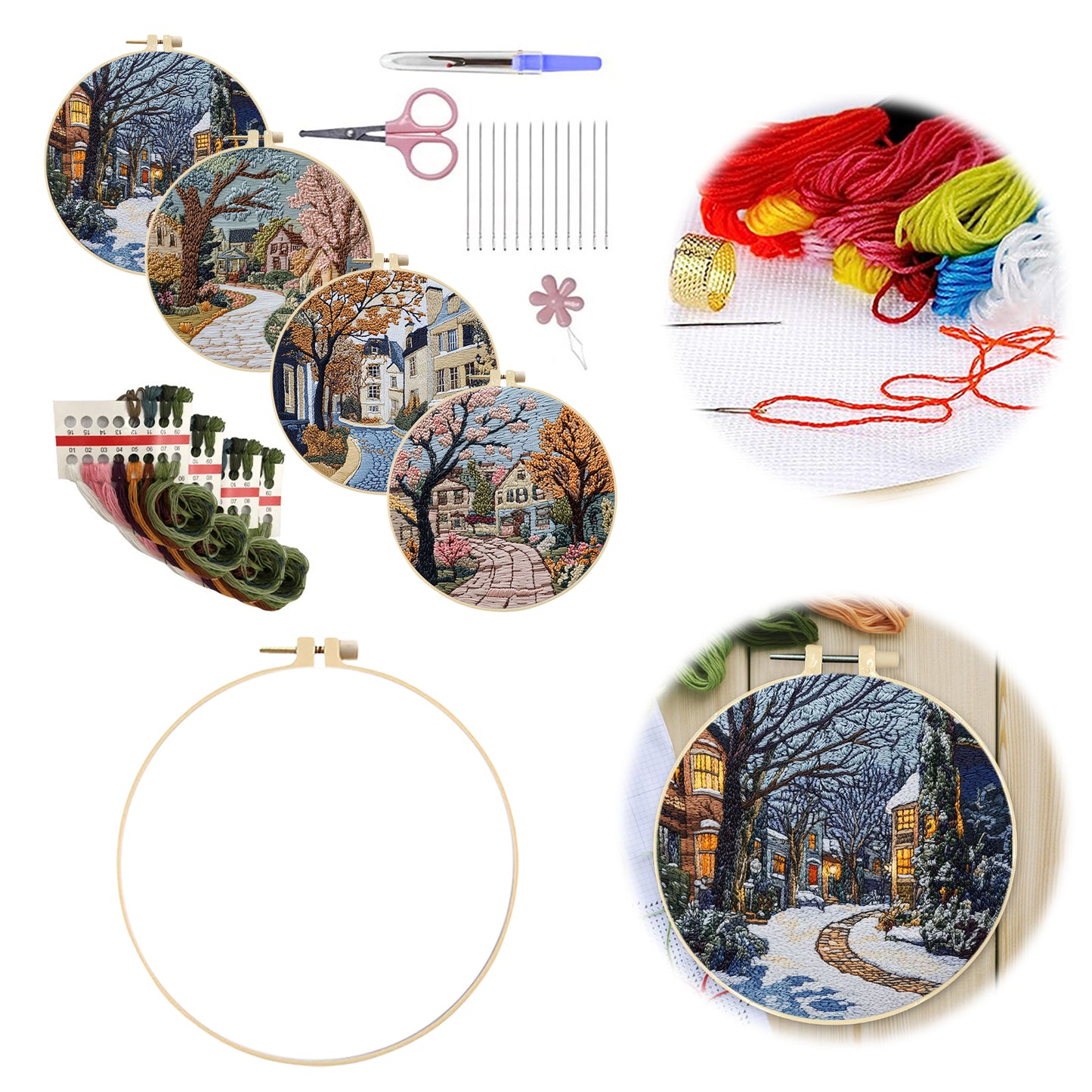 4PCS Four Seasons - DIY Embroidery Cross Stitch Kit with Pattern Cotton Threads Needles Hoop 25x25CM/9.84x9.84in