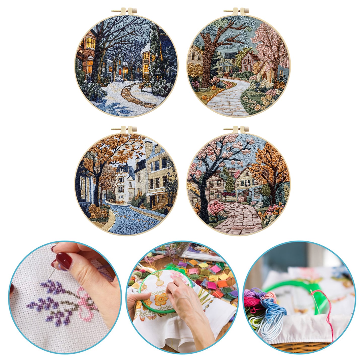 4PCS Four Seasons - DIY Embroidery Cross Stitch Kit with Pattern Cotton Threads Needles Hoop 25x25CM/9.84x9.84in