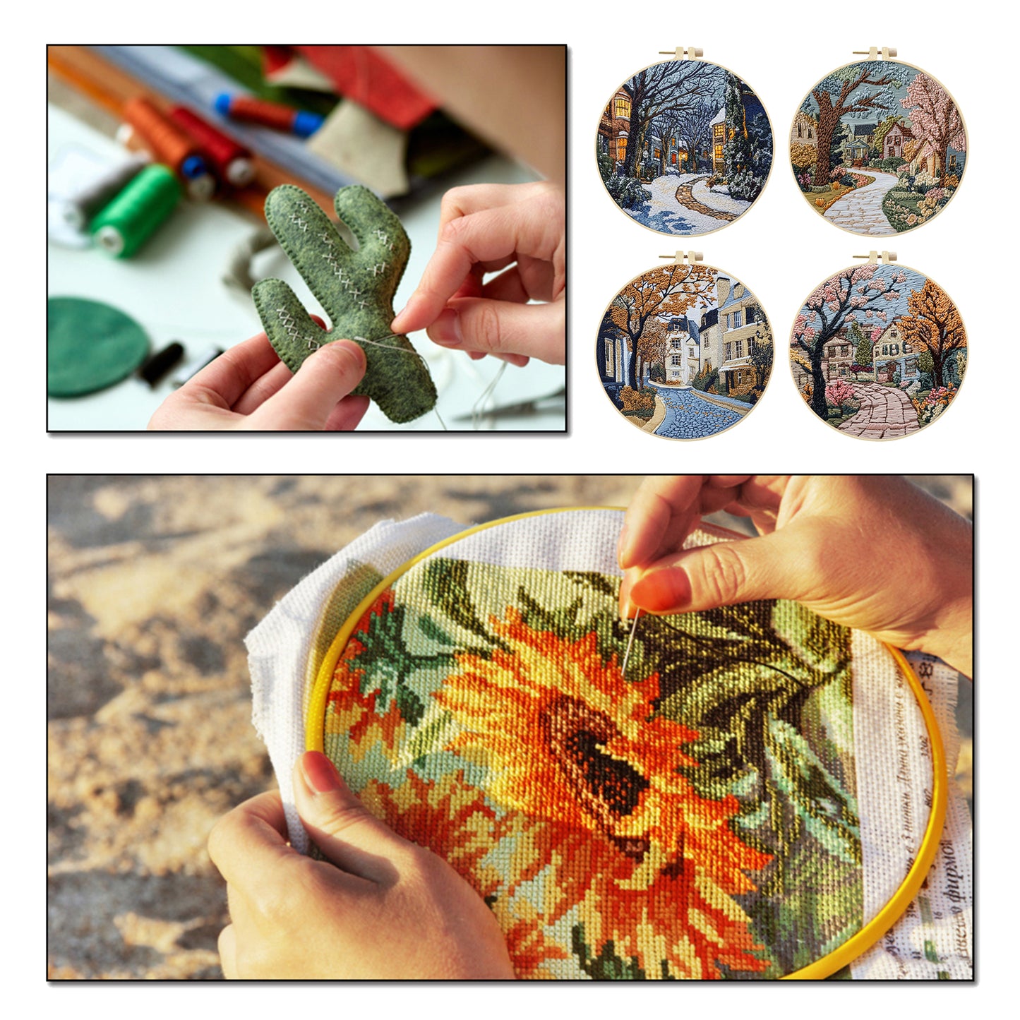 4PCS Four Seasons - DIY Embroidery Cross Stitch Kit with Pattern Cotton Threads Needles Hoop 25x25CM/9.84x9.84in