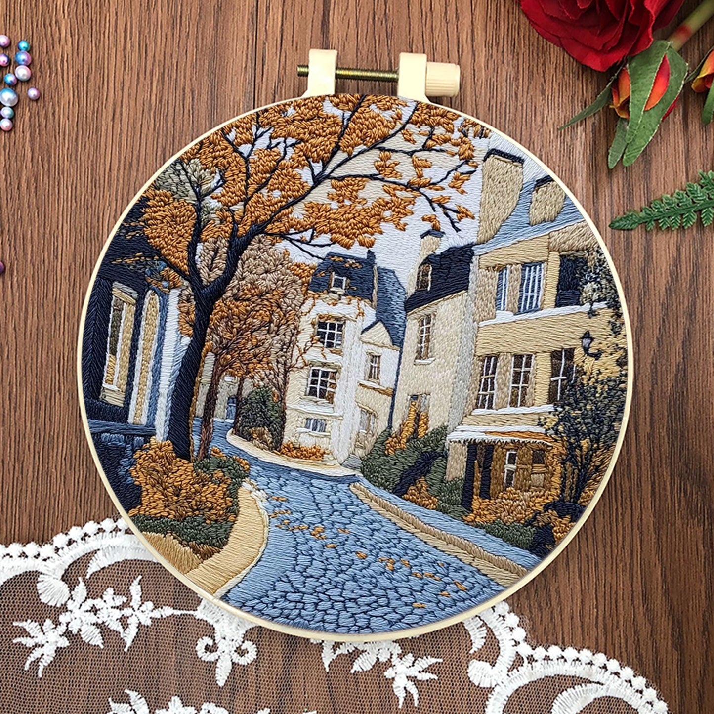 4PCS Four Seasons - DIY Embroidery Cross Stitch Kit with Pattern Cotton Threads Needles Hoop 25x25CM/9.84x9.84in