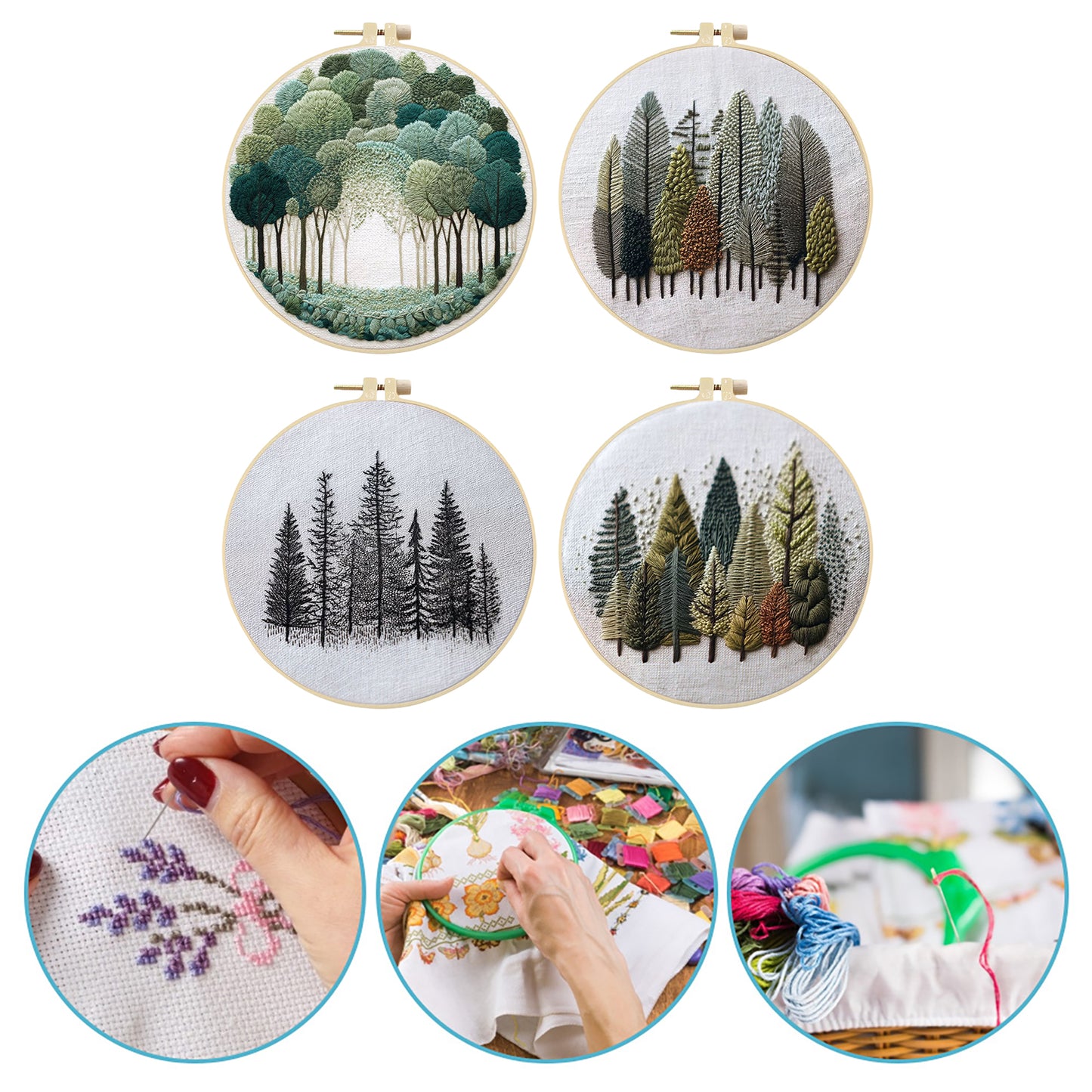 4PCS Scenery - DIY Embroidery Cross Stitch Kit with Pattern Cotton Threads Needles Hoop 25x25CM/9.84x9.84in