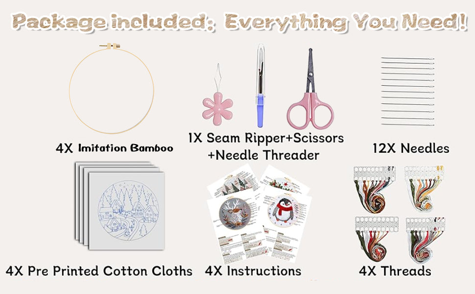 4PCS Scenery - DIY Embroidery Cross Stitch Kit with Pattern Cotton Threads Needles Hoop 25x25CM/9.84x9.84in