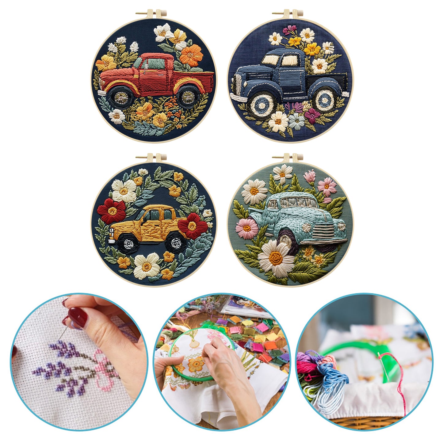 4PCS Horse - DIY Embroidery Cross Stitch Kit with Pattern Cotton Threads Needles Hoop 25x25CM/9.84x9.84in