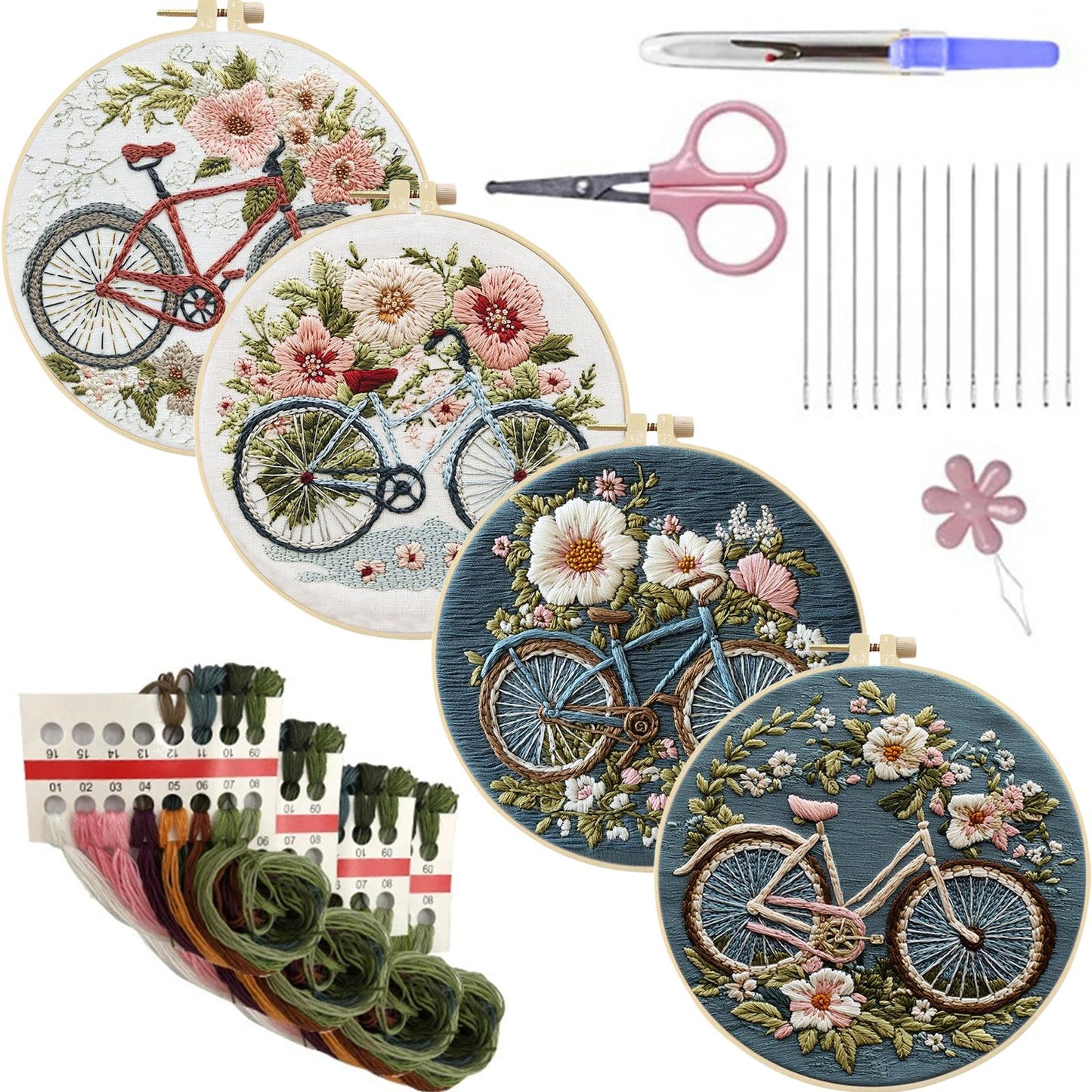 4PCS Bicycle - DIY Embroidery Cross Stitch Kit with Pattern Cotton Threads Needles Hoop 25x25CM/9.84x9.84in
