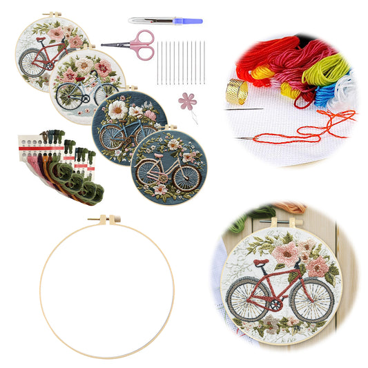 4PCS Bicycle - DIY Embroidery Cross Stitch Kit with Pattern Cotton Threads Needles Hoop 25x25CM/9.84x9.84in