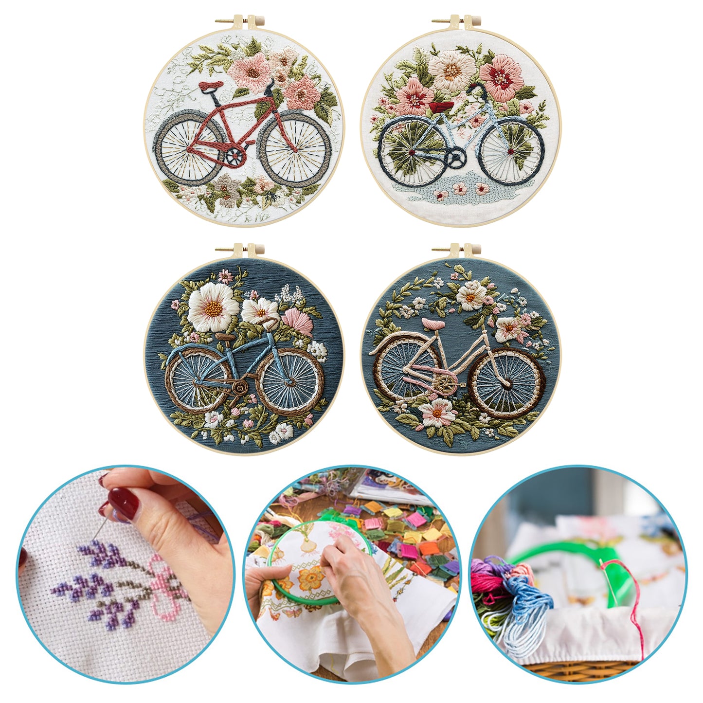 4PCS Bicycle - DIY Embroidery Cross Stitch Kit with Pattern Cotton Threads Needles Hoop 25x25CM/9.84x9.84in
