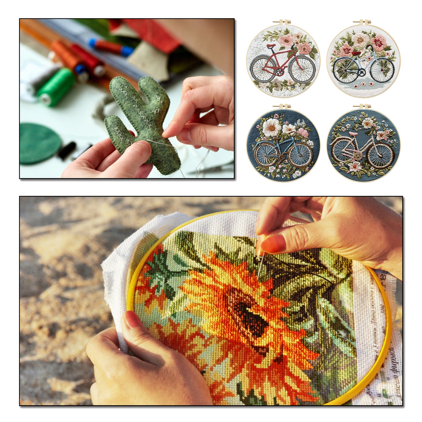 4PCS Bicycle - DIY Embroidery Cross Stitch Kit with Pattern Cotton Threads Needles Hoop 25x25CM/9.84x9.84in