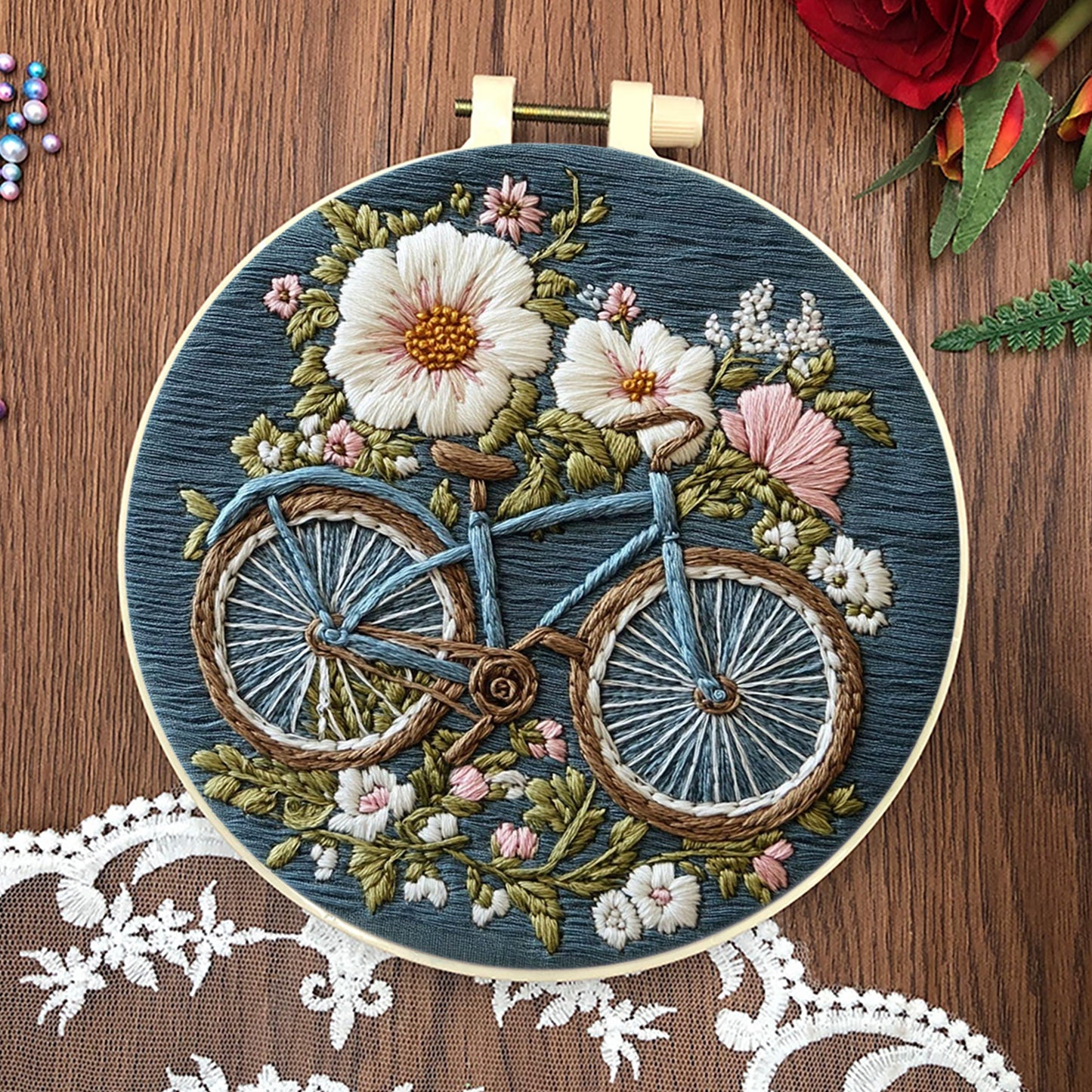 4PCS Bicycle - DIY Embroidery Cross Stitch Kit with Pattern Cotton Threads Needles Hoop 25x25CM/9.84x9.84in