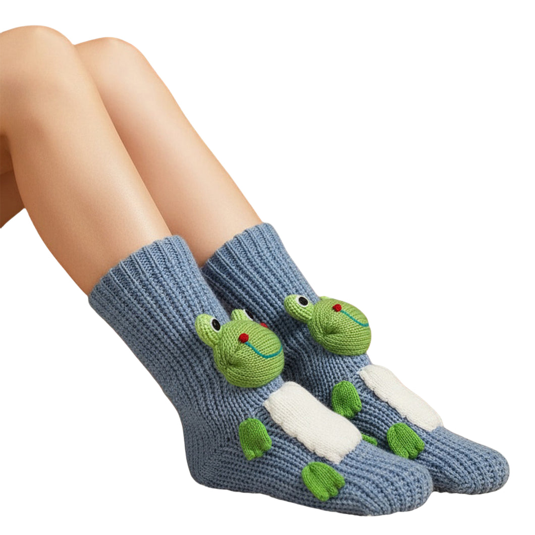Long Stocking Stuffers Socks Chunky Knit Floor Slipper Sock (Dull Blue Frog)