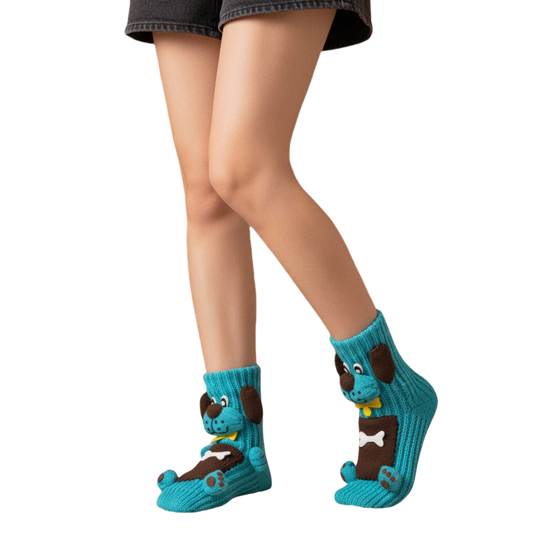 Long Stocking Stuffers Socks Chunky Knit Floor Slipper Sock Christmas (Blue Dog)