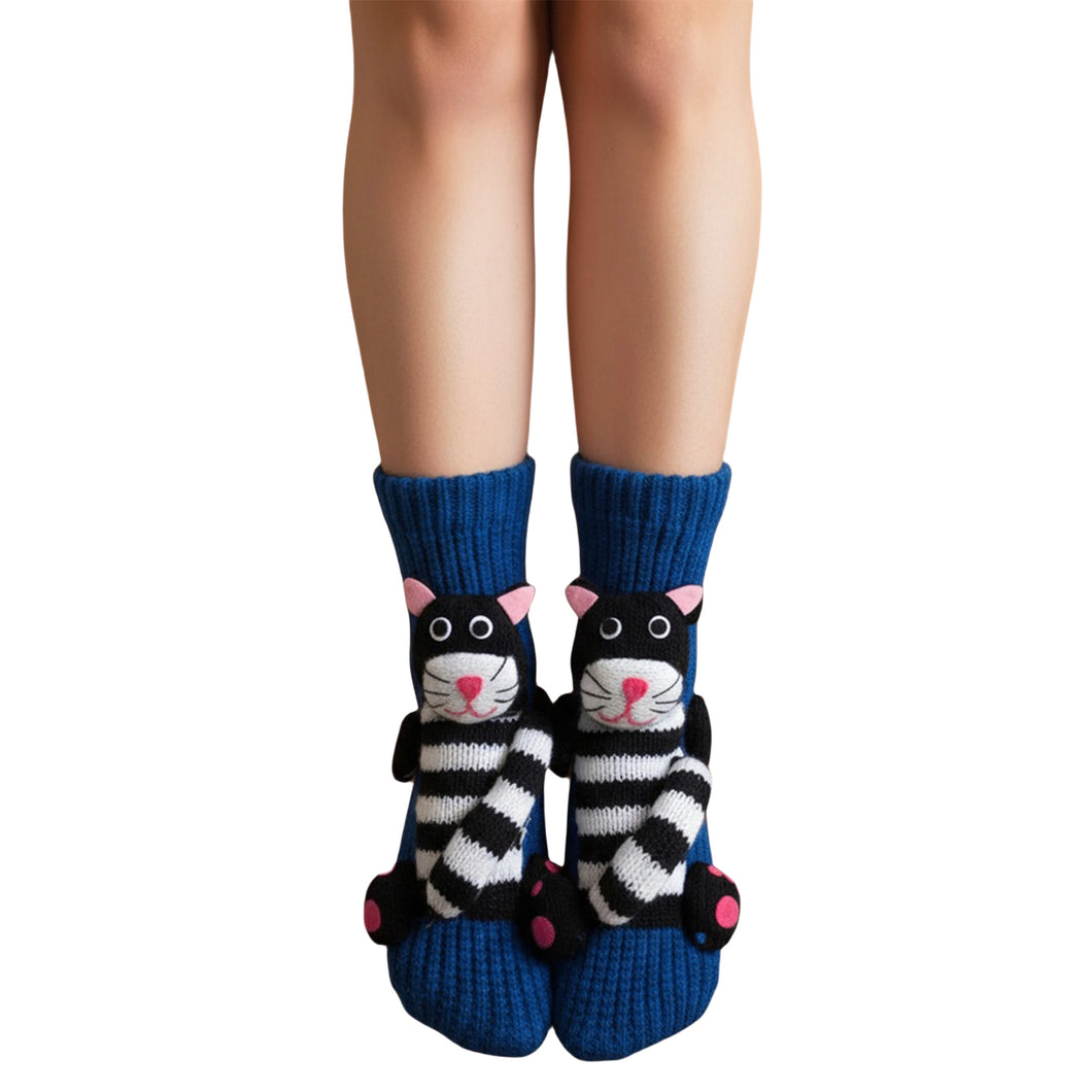 Long Stocking Stuffers Socks Chunky Knit Floor Slipper Sock Christmas (Blue Cat)