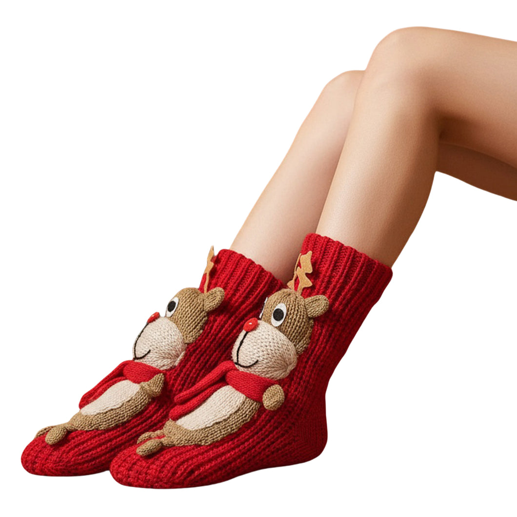 Long Stocking Stuffers Socks Chunky Knit Floor Slipper Sock Christmas (Red Elk)
