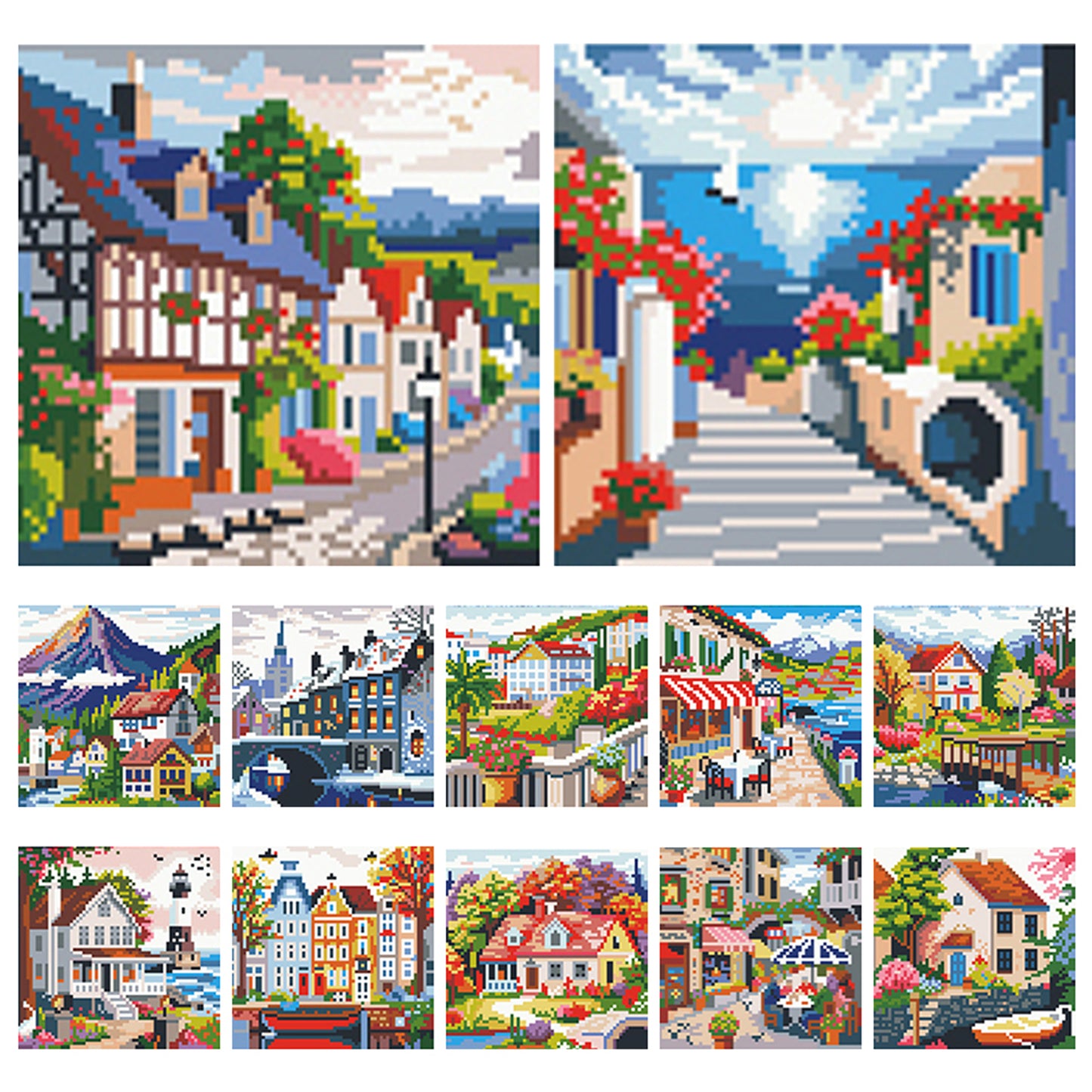 Town Scenery - Partial 11CT Stamped Cross Stitch 15x15CM - Huacan