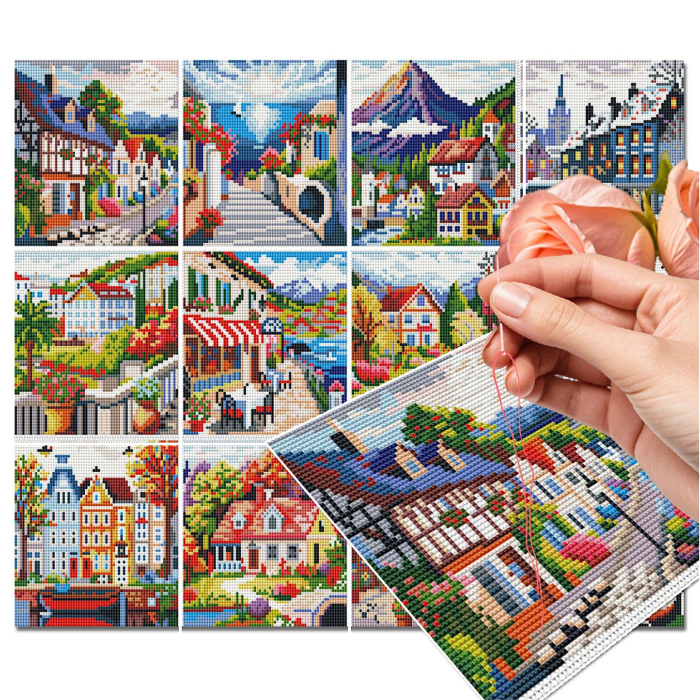 Town Scenery - Partial 11CT Stamped Cross Stitch 15x15CM - Huacan