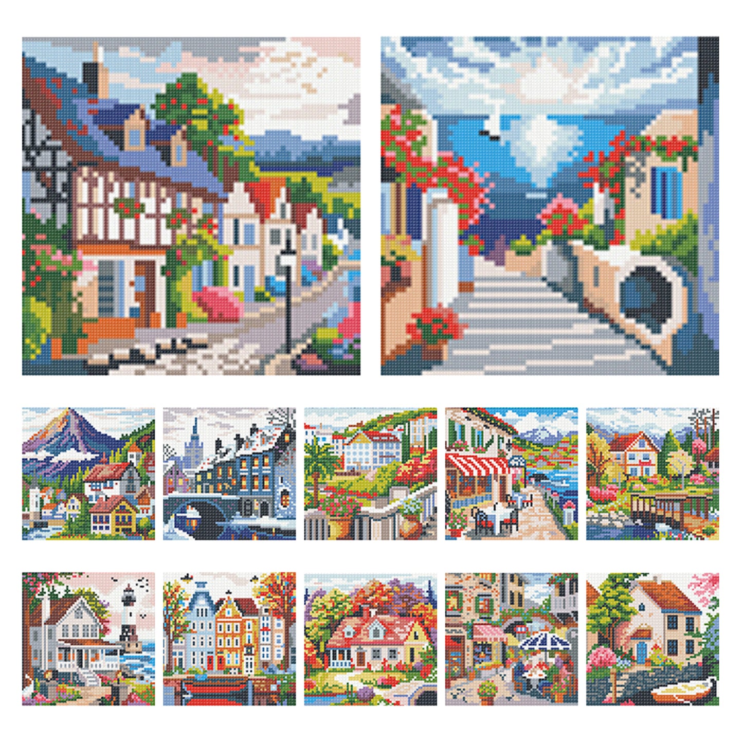 Town Scenery - Partial 11CT Stamped Cross Stitch 15x15CM - Huacan