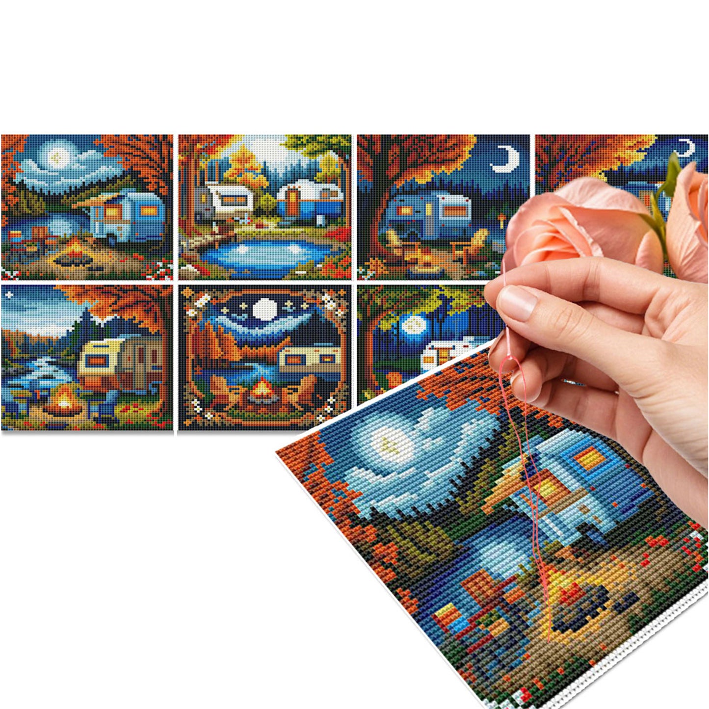 Night Camping - Full 11CT Stamped Cross Stitch 15x15CM - Huacan
