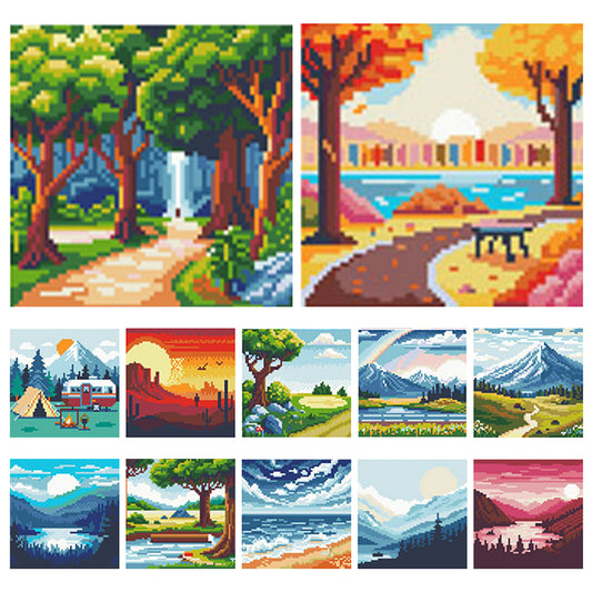 Mountains And Rivers - Full 11CT Stamped Cross Stitch 15x15CM - Huacan