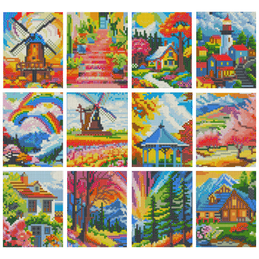 Colorful Scenery And Windmill - Full 11CT Stamped Cross Stitch 15x15CM - Huacan
